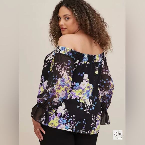 Torrid Studio Knit Off-Shoulder Smocked Chiffon Sleeve Swing Top Black Floral 3X - Picture 4 of 15